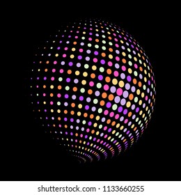 Abstract globe dotted sphere, 3d halftone dot effect. Colorful dots in dark background. Rainbow color in earth shape. Vector illustration. It can use as logo, icon, banner, business card.