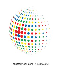 Abstract globe dotted sphere, 3d halftone dot effect. Colorful dots in white background. Rainbow color in earth shape. Vector illustration. It can use as logo, icon, banner, business card.