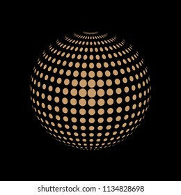 Abstract globe dotted sphere, 3d halftone dot effect. Golden dots in dark background. Vector illustration. It can use as logo, icon, banner, business card. Modern minimal covers design.