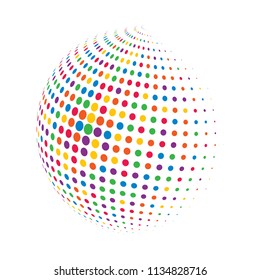 Abstract globe dotted sphere, 3d halftone dot effect. Colorful dots in white background. Rainbow color in earth shape. Vector illustration. It can use as logo, icon, banner, business card.