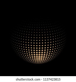 Abstract globe dotted sphere, 3d halftone dot effect. Golden dots in dark background. Vector illustration. It can use as logo, icon, banner, business card. Modern minimal covers design.