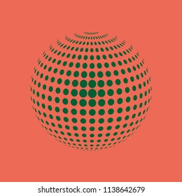 Abstract globe dotted sphere, 3d halftone dot effect. Green dots in light red background. Vector illustration. It can use as logo, icon, banner, business card. Modern minimal covers design.
