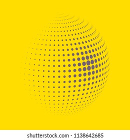 Abstract globe dotted sphere, 3d halftone dot effect. Grey dots in yellow background. Vector illustration. It can use as logo, icon, banner, business card. Modern minimal covers design.