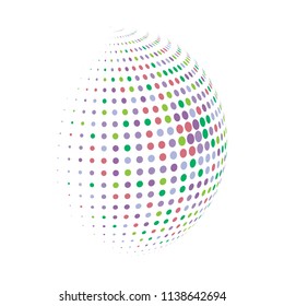 Abstract globe dotted sphere, 3d halftone dot effect. Colorful dots in white background. Rainbow color in earth shape. Vector illustration. It can use as logo, icon, banner, business card.