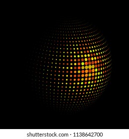 Abstract globe dotted sphere, 3d halftone dot effect. Golden dots in dark background. Vector illustration. It can use as logo, icon, banner, business card. Modern minimal covers design.