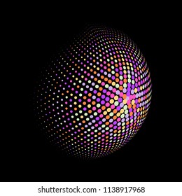 Abstract globe dotted sphere, 3d halftone dot effect. Colorful dots in dark background. Rainbow color in earth shape. Vector illustration. It can use as logo, icon, banner, business card.