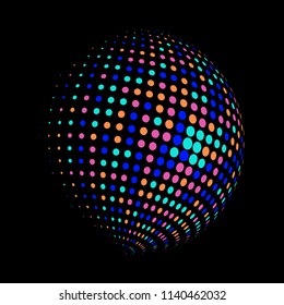 Abstract globe dotted sphere, 3d halftone dot effect. Colorful dots in dark background. Rainbow color in earth shape. Vector illustration. It can use as logo, icon, banner, business card.
