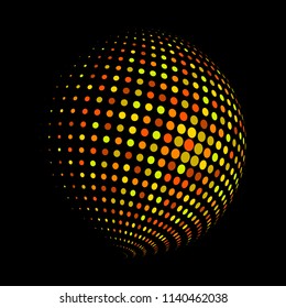 Abstract globe dotted sphere, 3d halftone dot effect. Golden dots in dark background. Vector illustration. It can use as logo, icon, banner, business card. Modern minimal covers design.