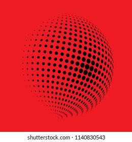 Abstract globe dotted sphere, 3d halftone dot effect. Black dots in red background. Vector illustration. It can use as logo, icon, banner, business card. Modern minimal covers design.
