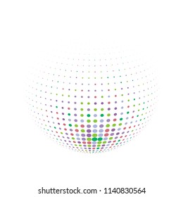 Abstract globe dotted sphere, 3d halftone dot effect. Colorful dots in white background. Rainbow color in earth shape. Vector illustration. It can use as logo, icon, banner, business card.