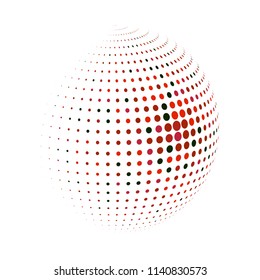 Abstract globe dotted sphere, 3d halftone dot effect. Red and black dots in white background. Vector illustration. It can use as logo, icon, banner, business card. Modern minimal covers design.