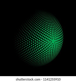 Abstract globe dotted sphere, 3d halftone dot effect. Green organic dots in dark background. Vector illustration. It can use as logo, icon, banner, business card. Modern minimal covers design.