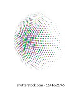 Abstract globe dotted sphere, 3d halftone dot effect. Colorful dots in white background. Rainbow color in earth shape. Vector illustration. It can use as logo, icon, banner, business card.
