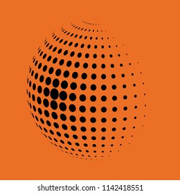 Abstract globe dotted sphere, 3d halftone dot effect. Black dots in orange background. Vector illustration. It can use as logo, icon, banner, business card. Modern minimal covers design.