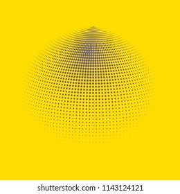 Abstract globe dotted sphere, 3d halftone dot effect. Grey dots in yellow background. Vector illustration. It can use as logo, icon, banner, business card. Modern minimal covers design.