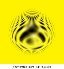 Abstract globe dotted sphere, 3d halftone dot effect. Black dots in yellow background. Vector illustration. It can use as logo, icon, banner, business card. Modern minimal covers design.