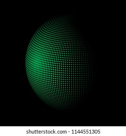 Abstract globe dotted sphere, 3d halftone dot effect. Green organic dots in dark background. Vector illustration. It can use as logo, icon, banner, business card. Modern minimal covers design.
