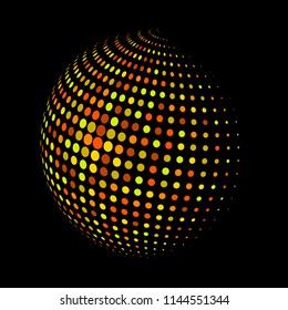 Abstract globe dotted sphere, 3d halftone dot effect. Golden dots in dark background. Vector illustration. It can use as logo, icon, banner, business card. Modern minimal covers design.