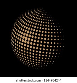 Abstract globe dotted sphere, 3d halftone dot effect. Golden dots in dark background. Vector illustration. It can use as logo, icon, banner, business card. Modern minimal covers design.