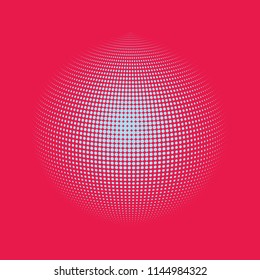Abstract globe dotted sphere, 3d halftone dot effect. White dots in dark pink background. Vector illustration. It can use as logo, icon, banner, business card. Modern minimal covers design.