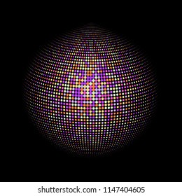 Abstract globe dotted sphere, 3d halftone dot effect. Colorful dots in dark background. Rainbow color in earth shape. Vector illustration. It can use as logo, icon, banner, business card.