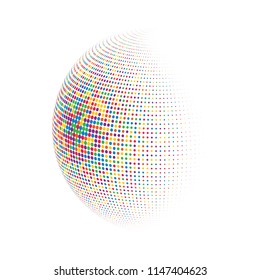 Abstract globe dotted sphere, 3d halftone dot effect. Colorful dots in white background. Rainbow color in earth shape. Vector illustration. It can use as logo, icon, banner, business card.
