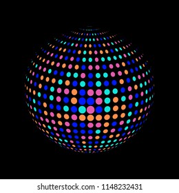 Abstract globe dotted sphere, 3d halftone dot effect. Colorful dots in dark background. Rainbow color in earth shape. Vector illustration. It can use as logo, icon, banner, business card.