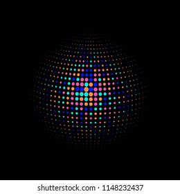 Abstract globe dotted sphere, 3d halftone dot effect. Colorful dots in dark background. Rainbow color in earth shape. Vector illustration. It can use as logo, icon, banner, business card.