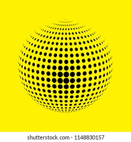 Abstract globe dotted sphere, 3d halftone dot effect. Black dots in yellow background. Vector illustration. It can use as logo, icon, banner, business card. Modern minimal covers design.