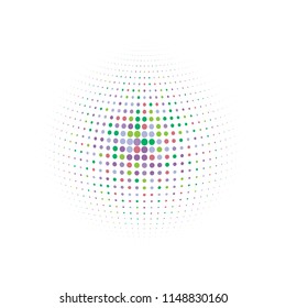 Abstract globe dotted sphere, 3d halftone dot effect. Colorful dots in white background. Rainbow color in earth shape. Vector illustration. It can use as logo, icon, banner, business card.