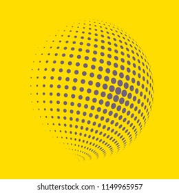 Abstract globe dotted sphere, 3d halftone dot effect. Grey dots in yellow background. Vector illustration. It can use as logo, icon, banner, business card. Modern minimal covers design.