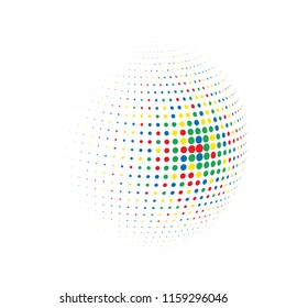 Abstract globe dotted sphere, 3d halftone dot effect. Colorful dots in white background. Rainbow color in earth shape. Vector illustration. It can use as logo, icon, banner, business card.