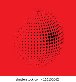 Abstract globe dotted sphere, 3d halftone dot effect. Black dots in red background. Vector illustration. It can use as logo, icon, banner, business card. Modern minimal covers design.