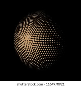 Abstract globe dotted sphere, 3d halftone dot effect. Golden dots in dark background. Vector illustration. It can use as logo, icon, banner, business card. Modern minimal covers design.