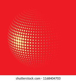 Abstract globe dotted sphere, 3d halftone dot effect. Orange dots in red background. Vector illustration. It can use as logo, icon, banner, business card. Modern minimal covers design.