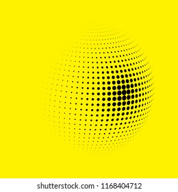 Abstract globe dotted sphere, 3d halftone dot effect. Black dots in yellow background. Vector illustration. It can use as logo, icon, banner, business card. Modern minimal covers design.