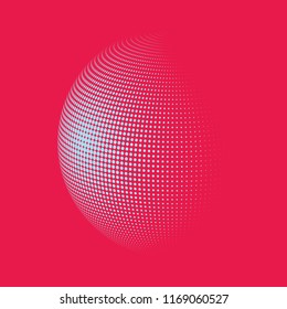 Abstract globe dotted sphere, 3d halftone dot effect. White dots in dark pink background. Vector illustration. It can use as logo, icon, banner, business card. Modern minimal covers design.