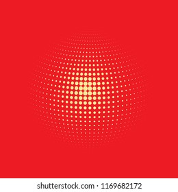Abstract globe dotted sphere, 3d halftone dot effect. Orange dots in red background. Vector illustration. It can use as logo, icon, banner, business card. Modern minimal covers design.