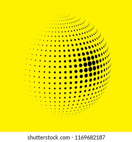 Abstract globe dotted sphere, 3d halftone dot effect. Black dots in yellow background. Vector illustration. It can use as logo, icon, banner, business card. Modern minimal covers design.
