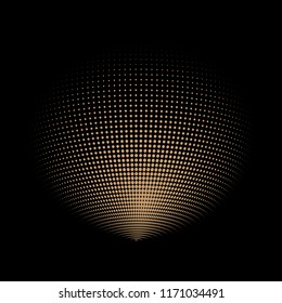 Abstract globe dotted sphere, 3d halftone dot effect. Golden dots in dark background. Vector illustration. It can use as logo, icon, banner, business card. Modern minimal covers design.