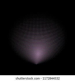 Abstract globe dotted sphere, 3d halftone dot effect. Light purple dots in dark background. Vector illustration. It can use as logo, icon, banner, business card. Modern minimal covers design.