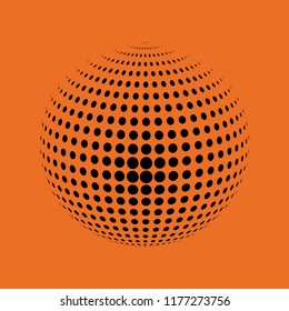Abstract globe dotted sphere, 3d halftone dot effect. Black dots in orange background. Vector illustration. It can use as logo, icon, banner, business card. Modern minimal covers design.
