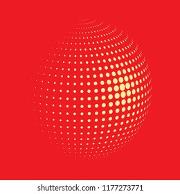 Abstract globe dotted sphere, 3d halftone dot effect. Orange dots in red background. Vector illustration. It can use as logo, icon, banner, business card. Modern minimal covers design.