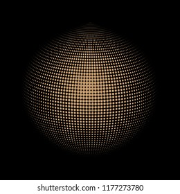 Abstract globe dotted sphere, 3d halftone dot effect. Golden dots in dark background. Vector illustration. It can use as logo, icon, banner, business card. Modern minimal covers design.
