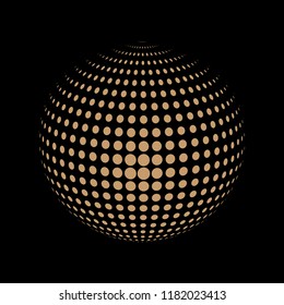 Abstract globe dotted sphere, 3d halftone dot effect. Golden dots in dark background. Vector illustration. It can use as logo, icon, banner, business card. Modern minimal covers design.