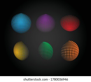 Abstract globe dotted sphere, 3d halftone dot effect. White color, black background. Vector illustration.