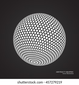 Abstract globe dotted sphere, 3d dot effect. White color, black background. Vector illustration.