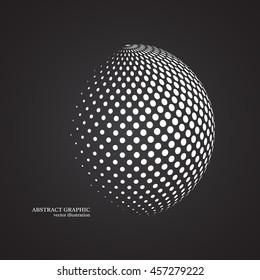 Abstract Globe Dotted Sphere, 3d Halftone Dot Effect. White Color, Black Background. Vector Illustration.