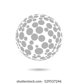 Abstract globe dotted sphere, 3d halftone effect vector background. Grey and white vector illustration.