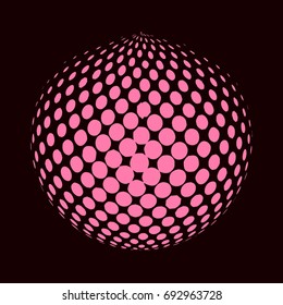 Abstract globe dotted sphere, 3d halftone dot effect. Pink globe, in dark background. Vector illustration. It can use as logo, icon.